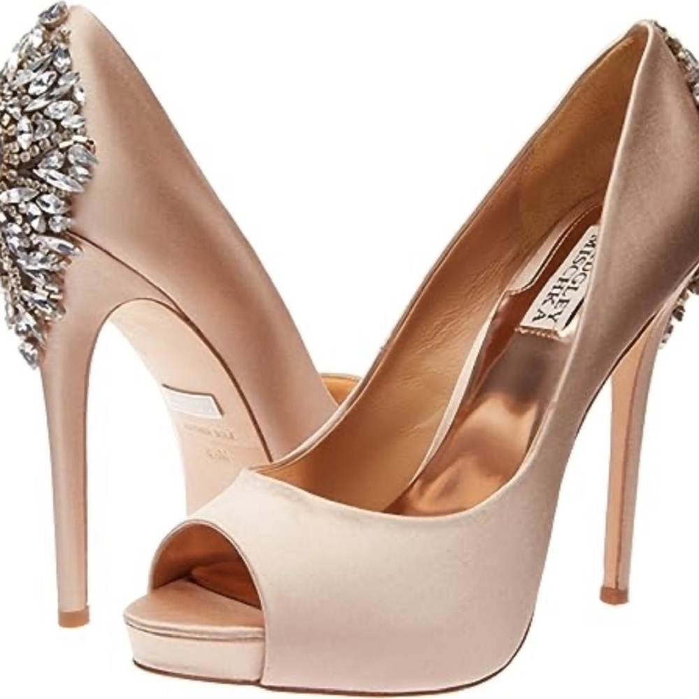 Badgley Mischka Luxury Elegant Satin Peep-Toe Heels with Crystal Embellishments